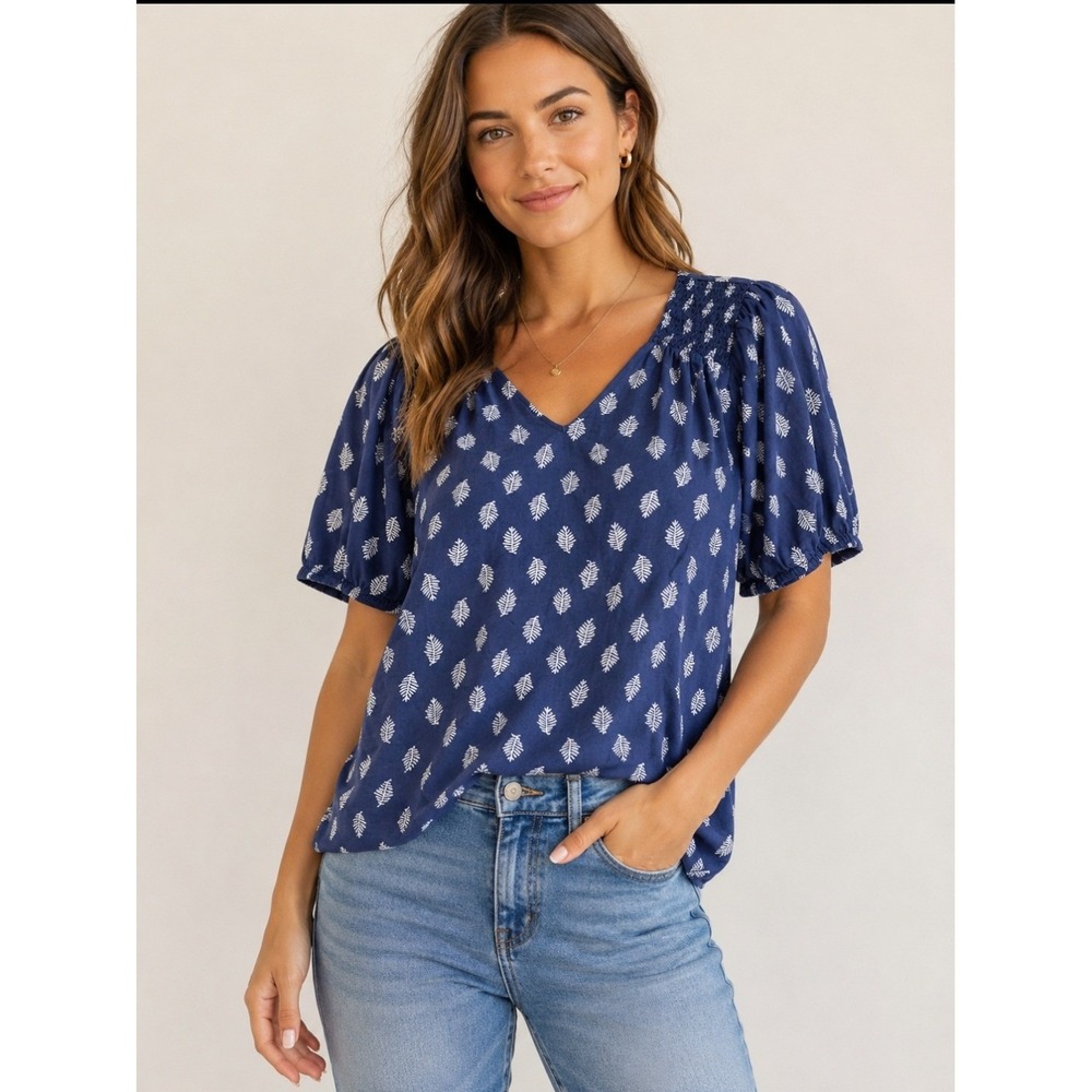 J.Crew Blue White Fern Leaf Smocked V-Neck Puff Sleeve Cotton Top 2X BY435